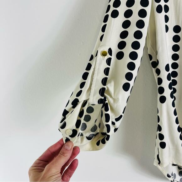 ANA cream black polka dot pleated preppy office button front blouse top medium - Picture 4 of 7